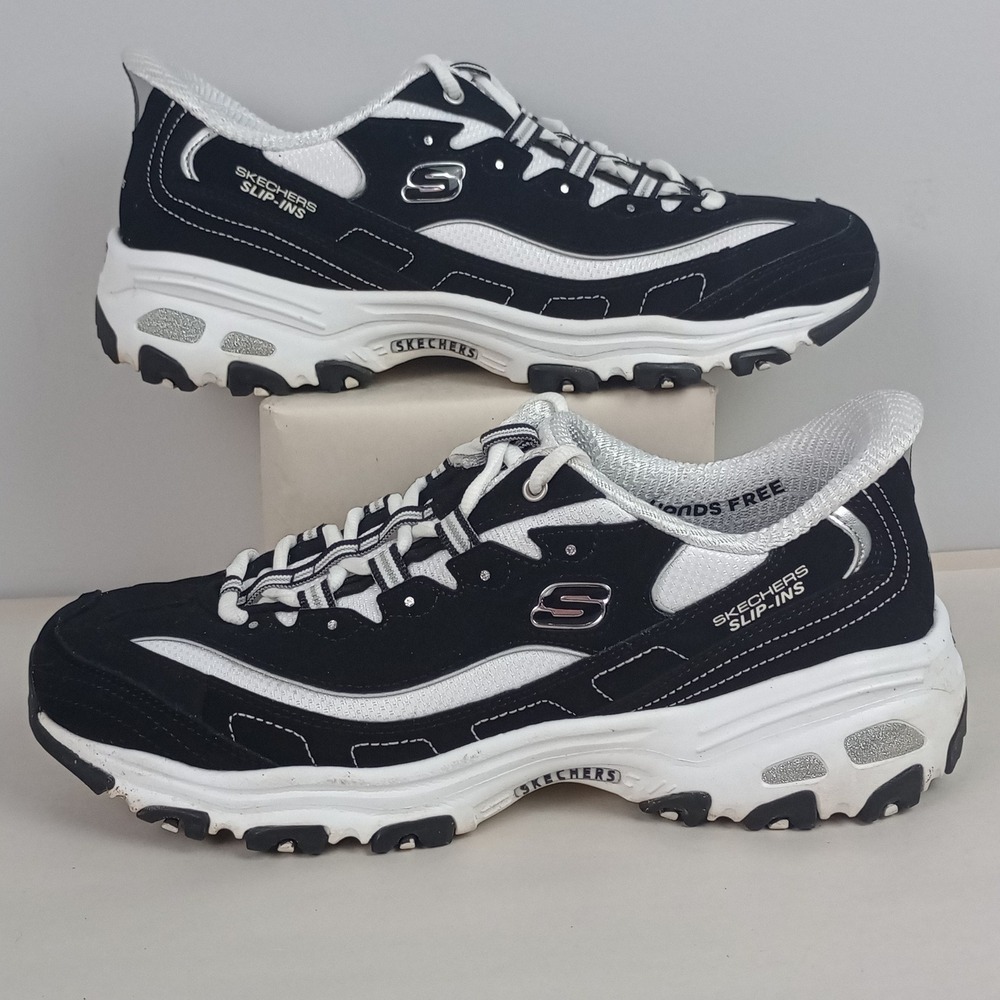 Skechers Womens 9.5 Black White Hands Free Slip-Ins D Lites Resilient Sneakers